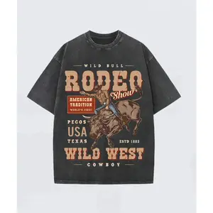 Retro Texas Rodeo Bull Rider Wild West Vintage Washed T-shirt, Unisex Casual Crew Neck Oversized Tee, Vintage Country Western Cowboy Streetwear for Outdoor Travel & Daily Casual Looks