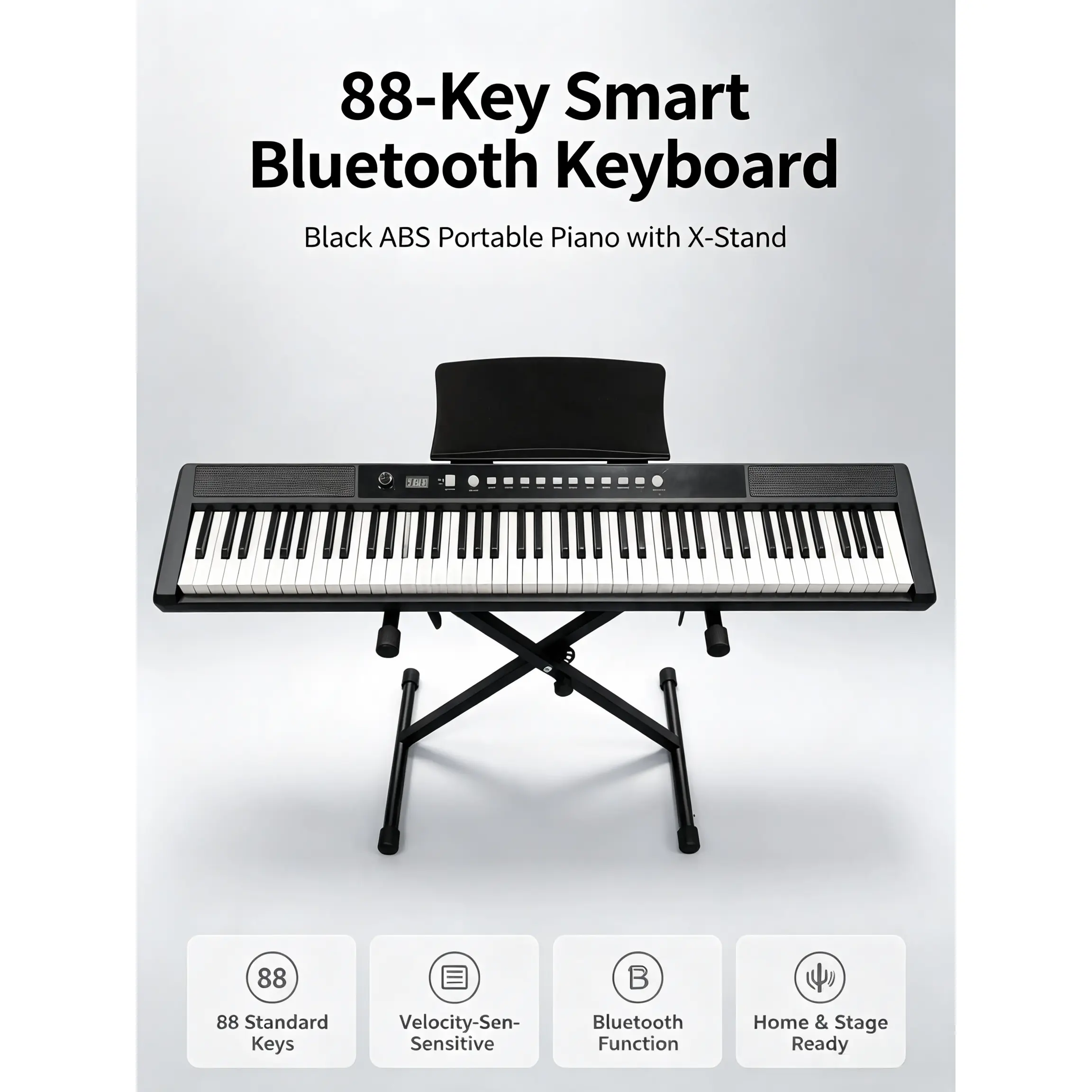 88-Key Smart Bluetooth Electronic Keyboard | Black ABS Portable Piano with X-Stand for Beginners, Home Practice & Stage Performance