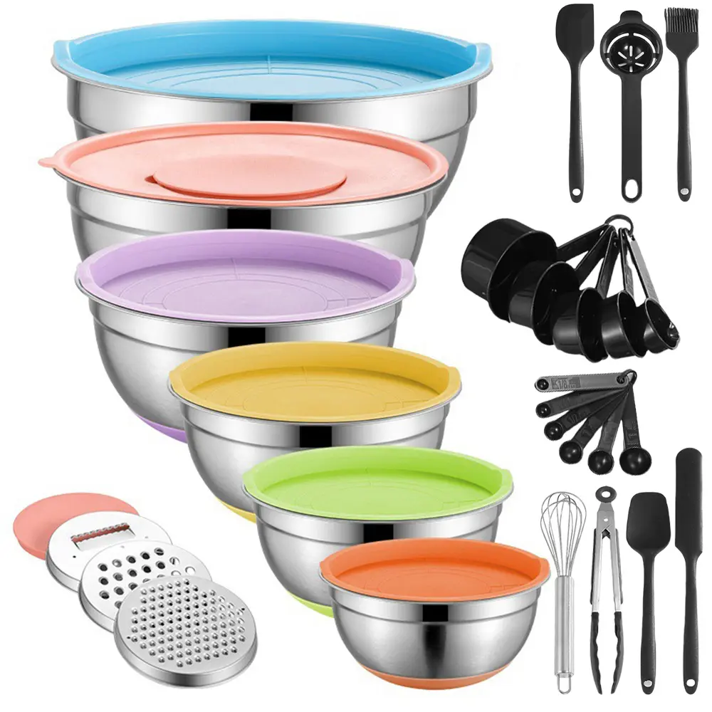 23pcs/33pcs Stainless Steel Mixing Bowl Set, with Lid and Grater, Nestable, Rust-Resistant, Ideal for Baking, Prep, Cooking, Kitchen Bowls