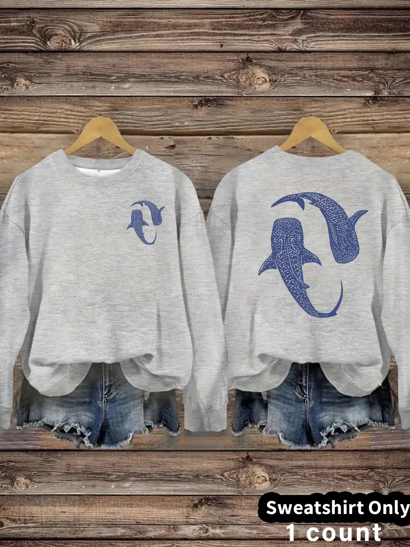 Women's Blue Whale Pattern Round Neck Fleece Sweatshirt, Casual Long Sleeve Top, Medium Stretch, All-Season Comfort