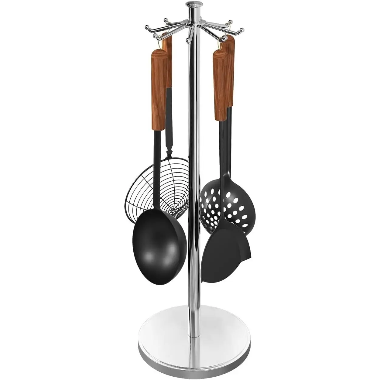 Kitchen Countertop Rotating Utensil Holder, Stainless Steel Chrome 360° Rotatable Cooking Utensils Stand with 8 Swivel Hooks, Tool Hanging Organizer Rack for Spoon, Spatula and Kitchen Gadgets