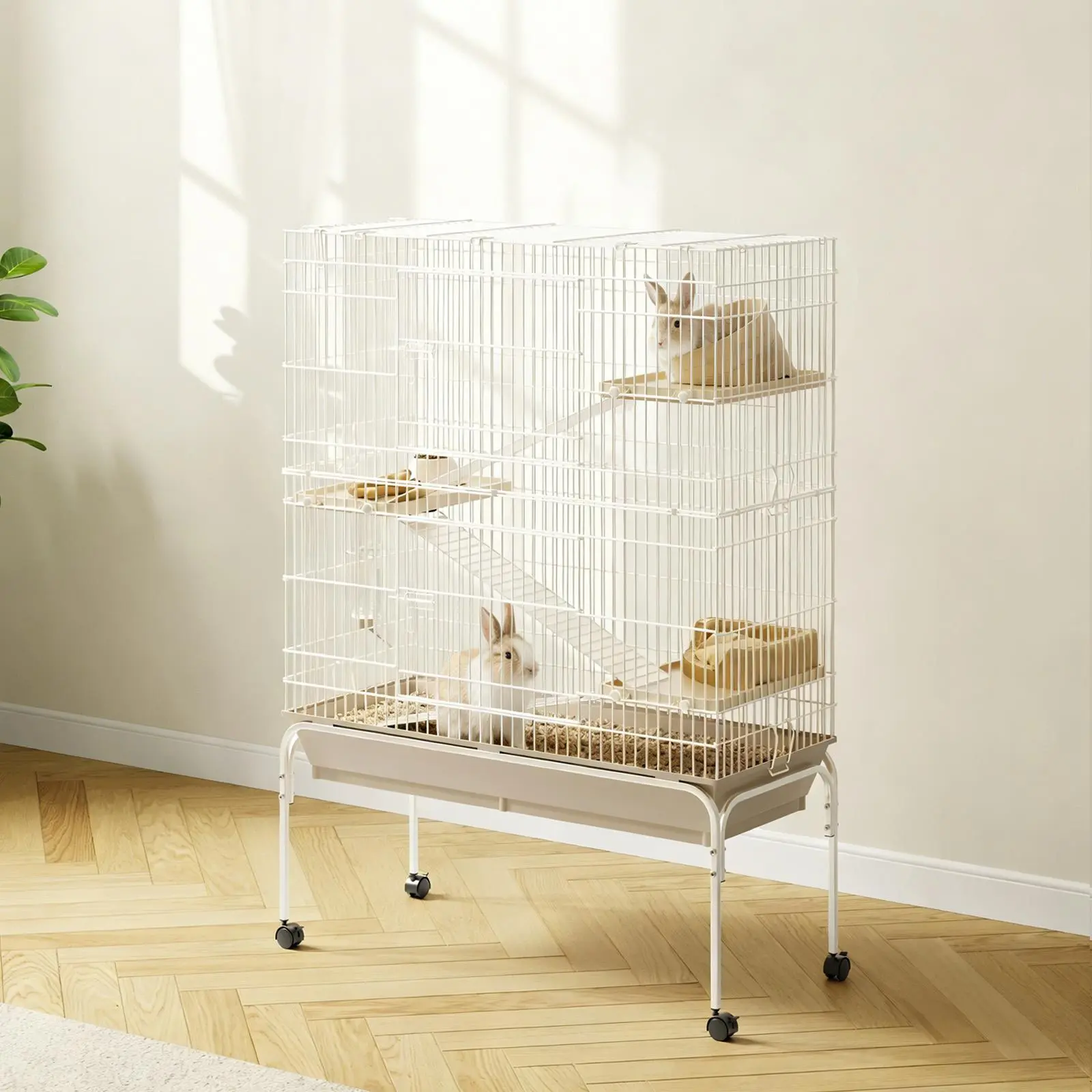 Large 4-Tier Metal Small Animal Cage with Wheels, Multi-Level Habitat for Ferrets Chinchillas Guinea Pigs Rabbits, Deep Leak-Proof Tray with Removable Ramps, Includes Water Bottle & Food Bowl, Secure Rolling Critter Enclosure for Indoor Use