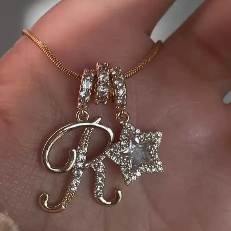 Artificial Zircon Star and Personalized Initial Pendant Necklace, Copper Necklace, Jewelry Gift for Mother’s Day and Birthdays, Sentimental Present for Mom or Girlfriend