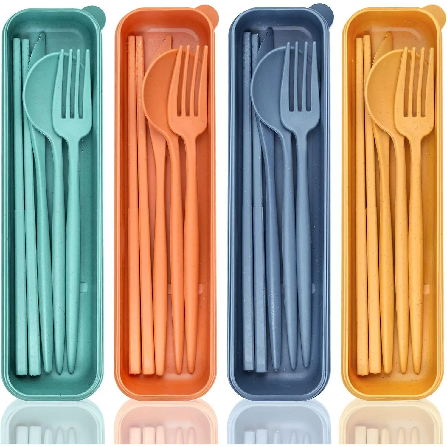 Reusable Travel Utensils with Case, 4 Sets Wheat Straw Portable Cutlery Set Chopsticks Knives Fork and Spoon for Lunch Box Accessories, Camping Flatware Sets for Daily Use or Outdoor
