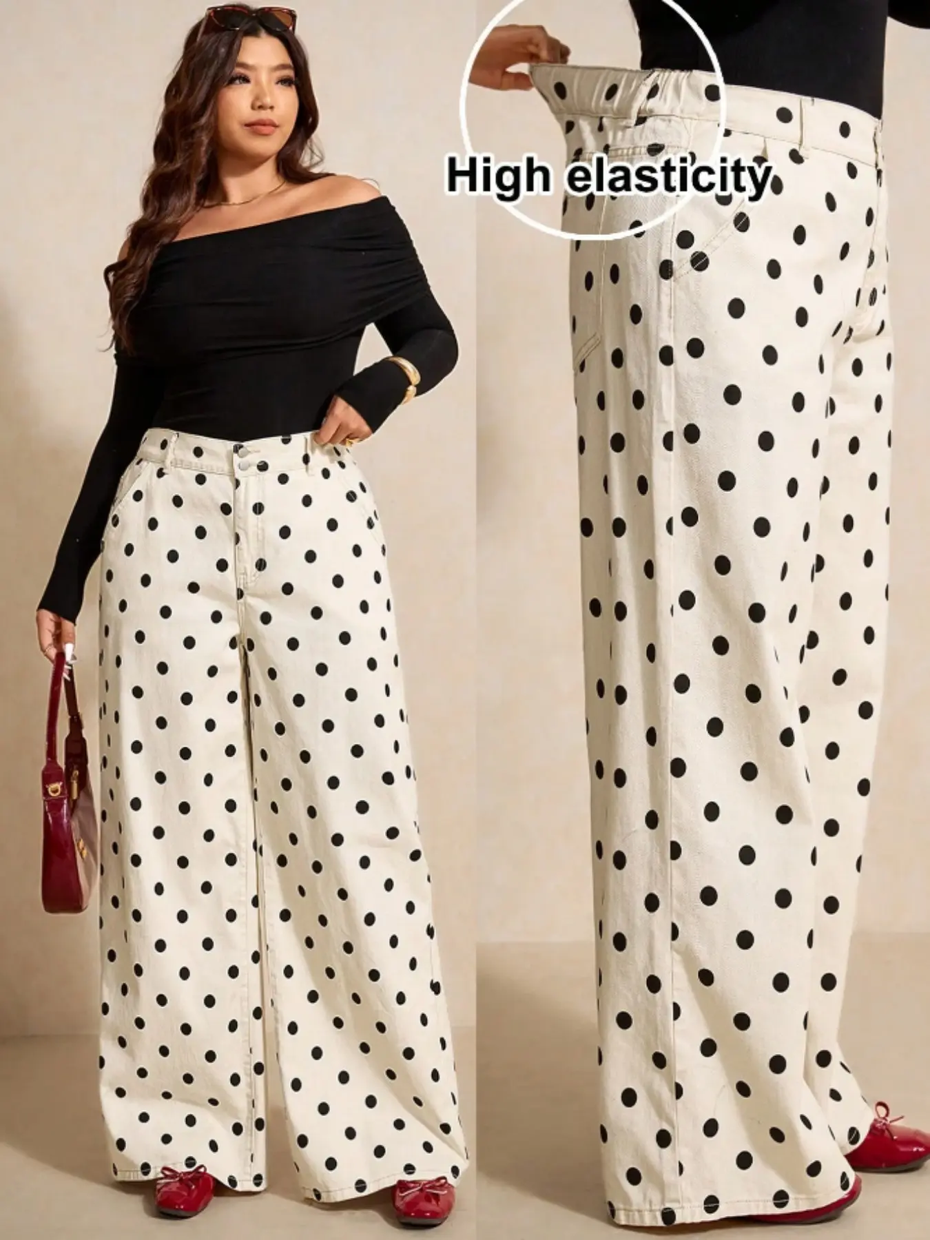 Plus Size Women Polka Dot Wide Leg Jeans, High Waist Double Button Loose Baggy Dotted Denim Trousers, Curvy Casual Pants, Fashion Denim Pants