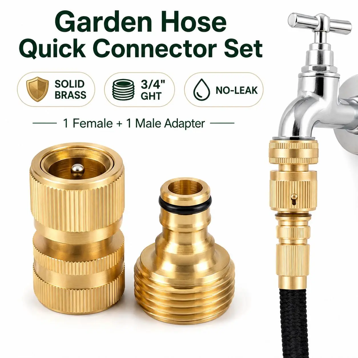 Premium Brass Garden Pipe Quick Connect Fitting Set - 3/4 in GHT Hose Joint, Tight-Seal Male & Female Couplers, Yard Tools Outdoor Work Accessory