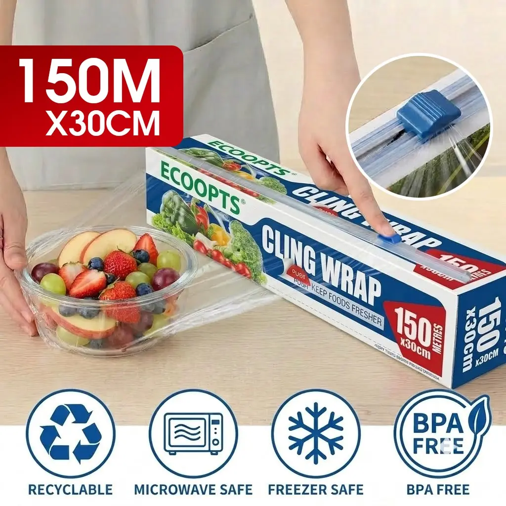 300mm X 150m Cling Film and Cutter, Kitchen Plastic Food Seal Wrap, Foodservice Cook’s Tools, Essential Kitchen Supplies