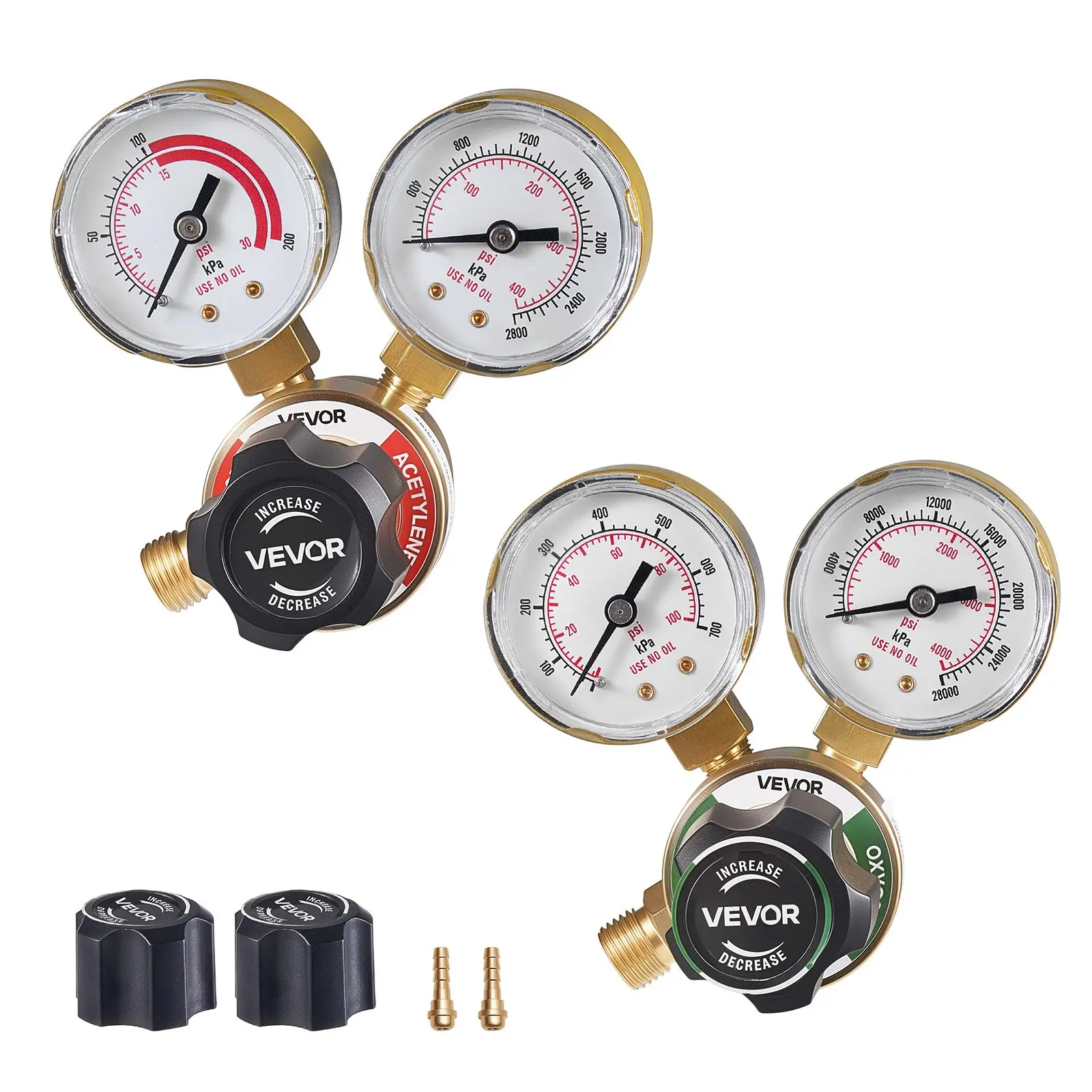 VEVOR Oxygen Acetylene Regulator Set, Oxy-Acetylene Regulators, 0-4000PSI and 0-400PSI Welding Gas Gauges with CGA-540/CGA-200 Inlet Connection 9/16"-18 Outlet Connection, PC Knob Adjustment