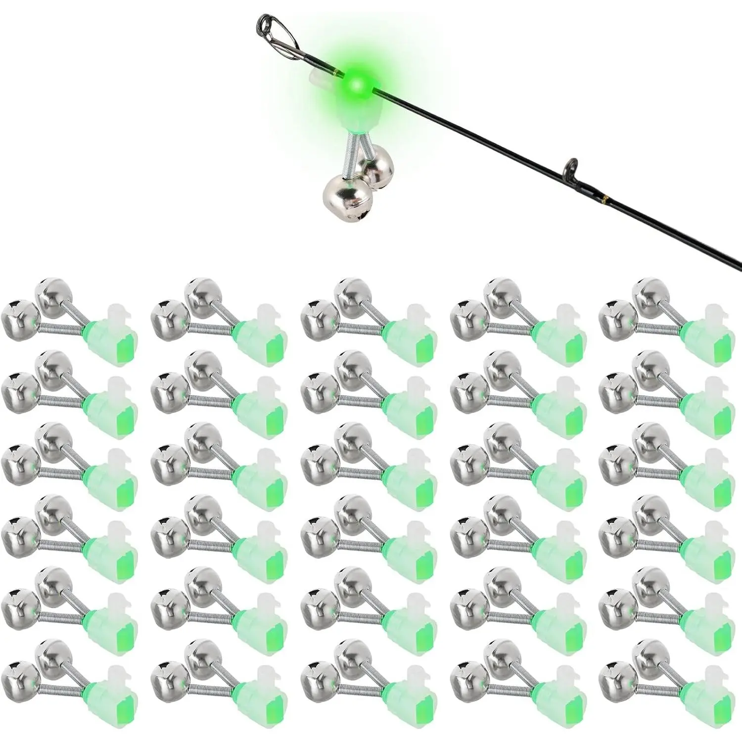 Fishing Bells for Rod Tip, 30 count Clip- Fish Bite Alarms |  Bells & Fluorescent Tip – Ideal for Night & Ice Fishing