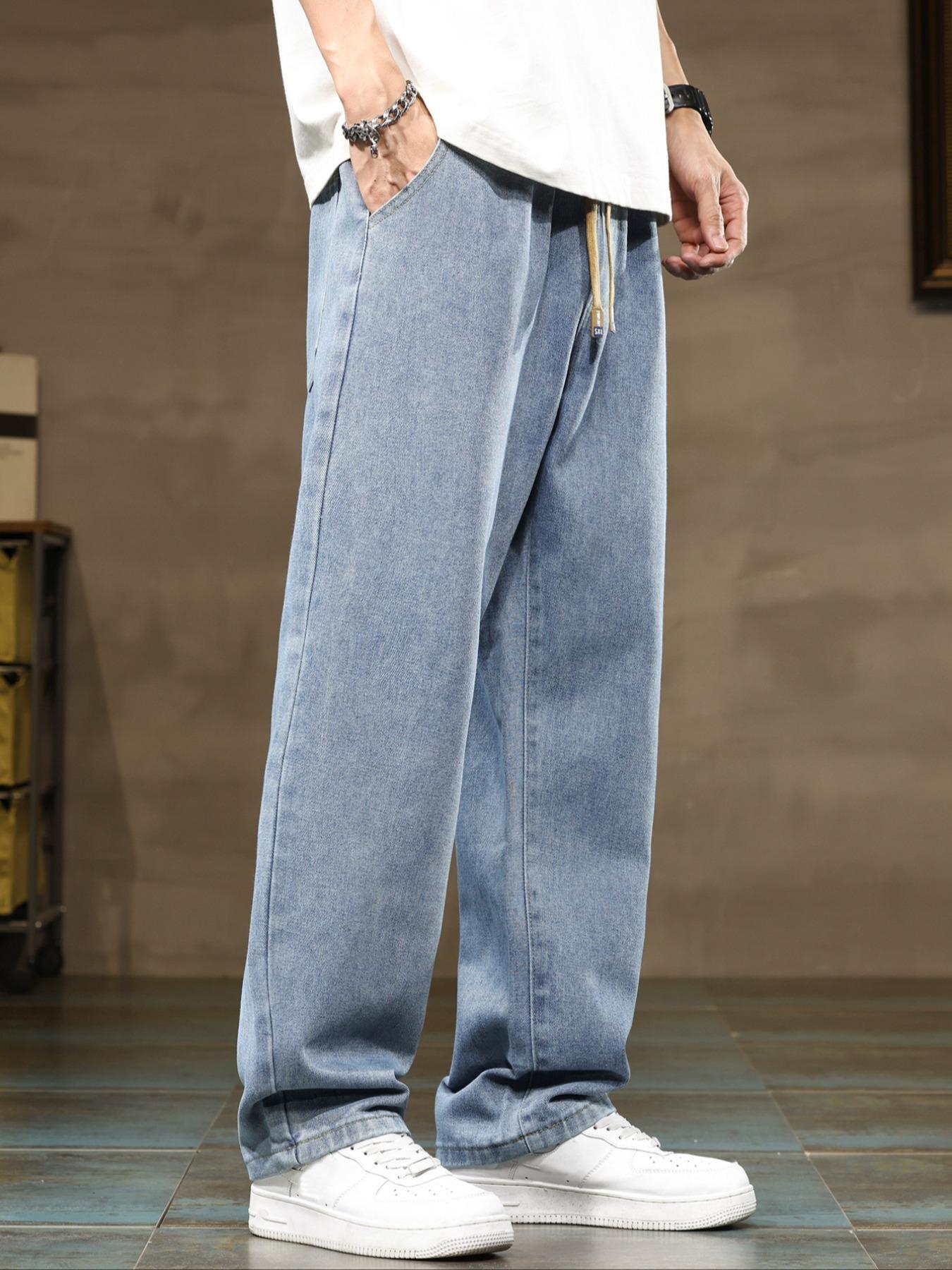 Men's drawstring elastic waist straight leg jeans, solid color casual versatile non stretch denim pants, fit straight leg version, suitable for all seasons
