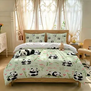 3-piece quilt cover set (1 quilt cover +2 pillowcases, no core) Multi-posture soft cute panda green bamboo powder white flower love pattern B & B hotel bedroom dormitory bedding quilt cover