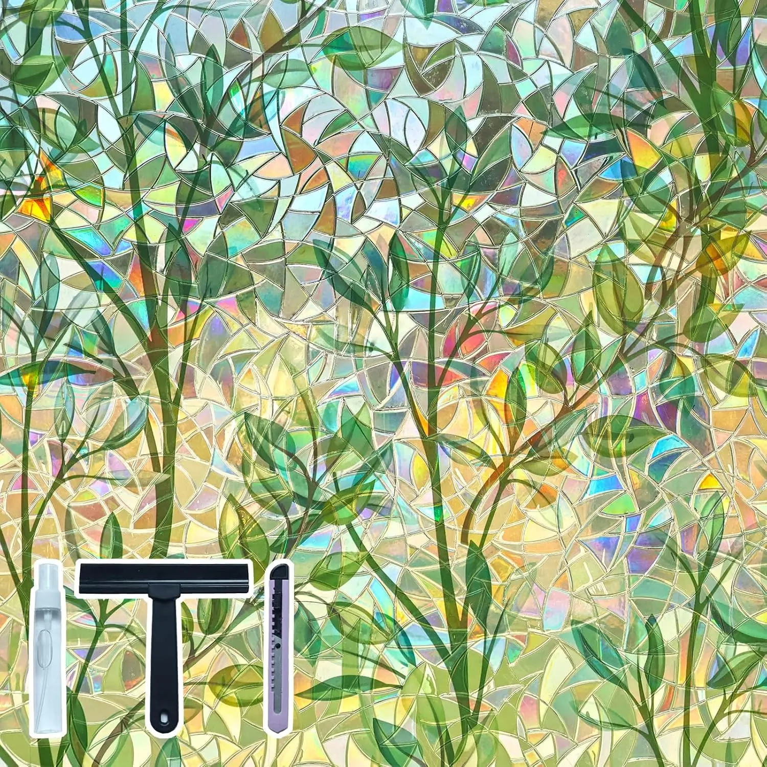 Static Cling No-Glue Stained Glass Window Film - 17.5x78.7in Single Sheet, Rainbow Effect, UV Blocking, Heat Control, Leaf Shapes, Nature Motif, Home Privacy for Car Exterior Windows, Synthetic