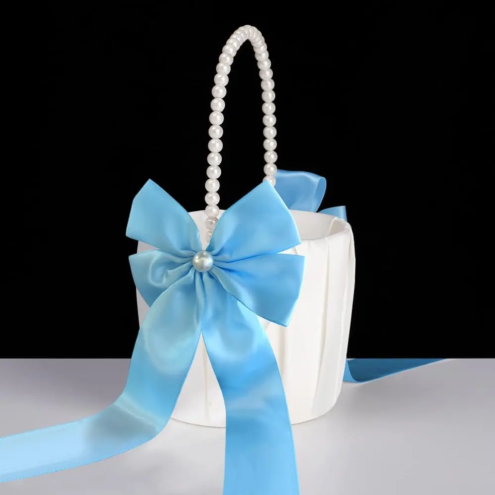Flower Girl Baskets for Wedding,Flower Girl Basket With Pearl Handle,Wedding Baskets for Flower Girls (Light Blue)
