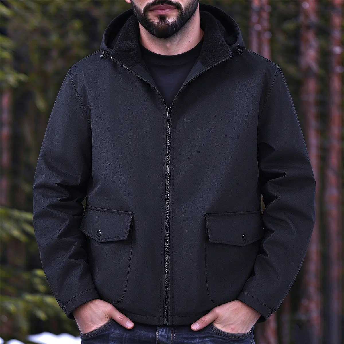 Men's lined hooded jacket with flap button pockets, warm casual jacket, fully zippered adjustable hood outdoor jacket, suitable for daily commuting and hiking, thick and warm autumn and winter jacket