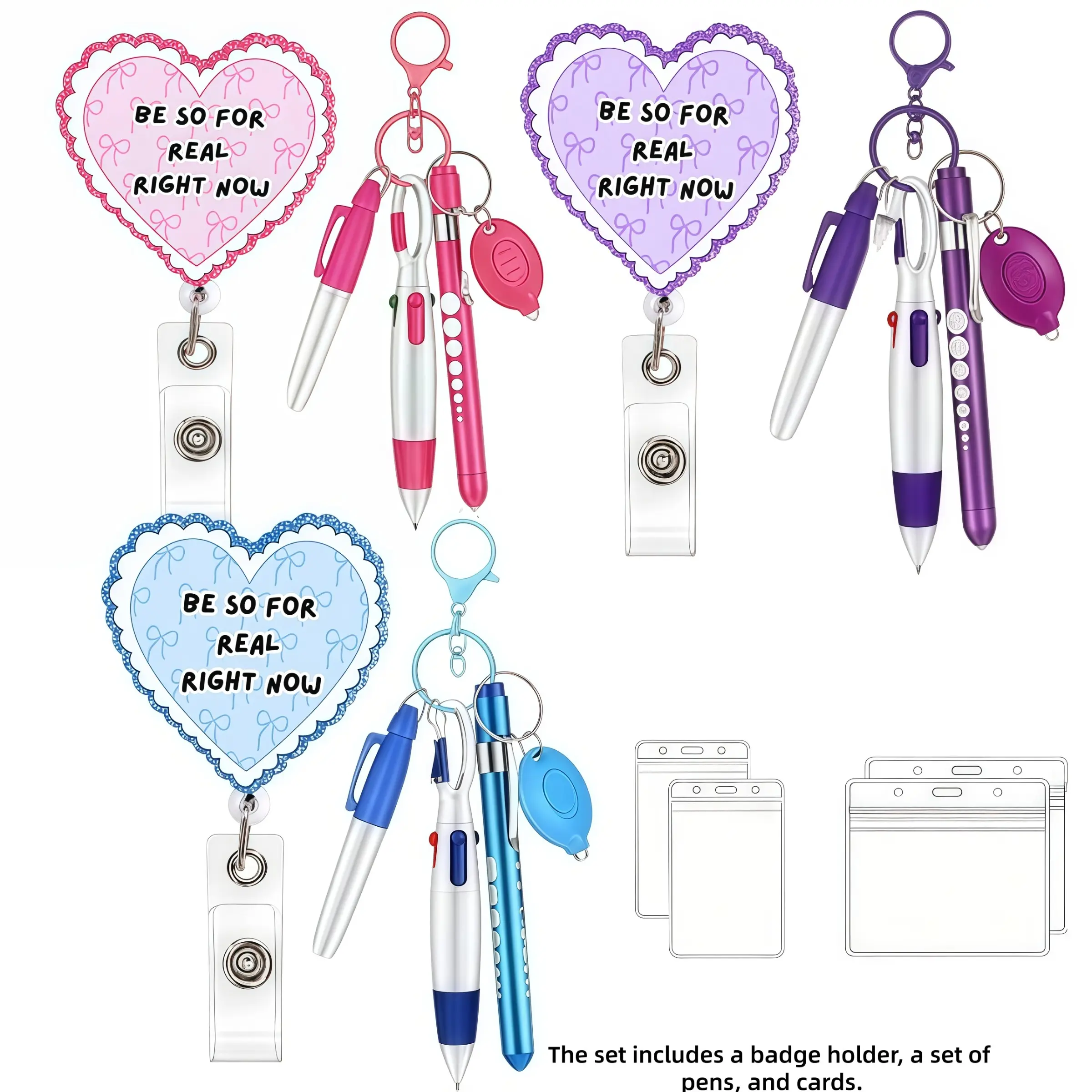 Heart-Shaped Badge Roll, Heart Badge Reel, Fun Bow Stretchable ID Card Holder, Keychain Pen Set, Ideal Gift for Nurses, Doctors, Hospital Staff