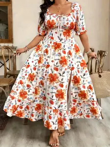 Women's Plus Size Spring Summer Fashion Casual Print Elegant Gathered Dress, Stylish and Comfortable, Perfect for Daily Wear