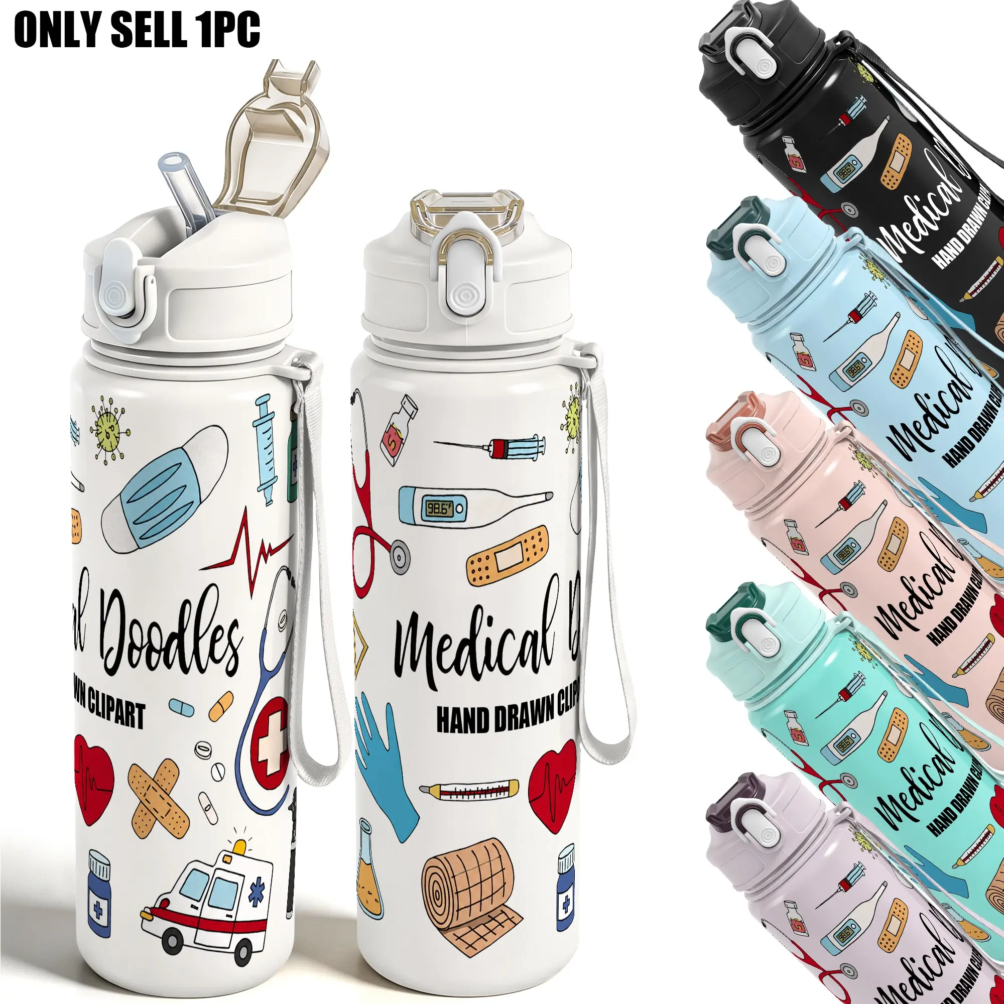 1pc 25oz Nurse Life Plastic Water Bottle, Leak Proof Flip Top Straw Lid, Reusable Portable Cup with Cute Medical Doodles Print, Hand Drawn Healthcare Cup, Perfect Gift for Nurses, Doctors & Healthcare Workers, Daily Water Intake Bottle