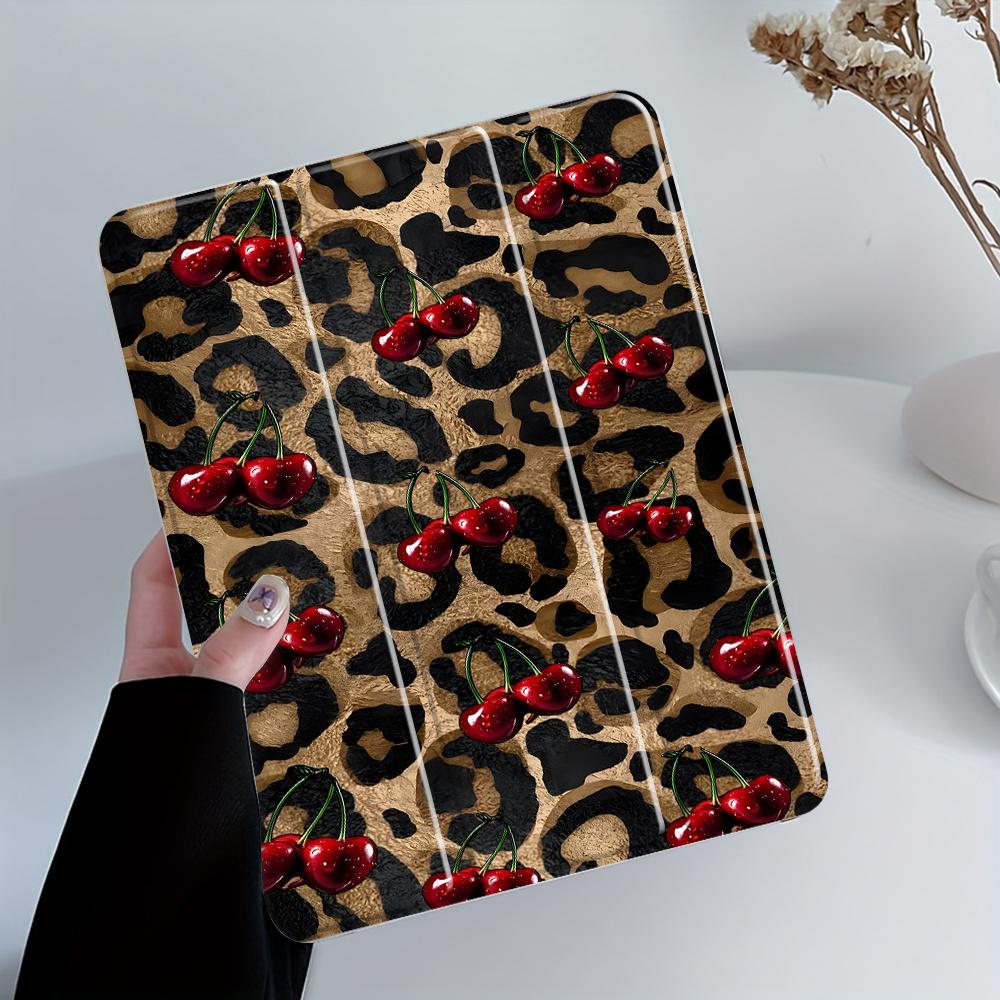 Personalized Leopard and Cherry Pattern Four-Corner Shockproof Tablet Case with Pen Slot, Foldable,Suitable for iPad Mini, Air, Pro 4,5,6,7(2017,2018,2019,2020,2021,2022,2023,2024,2025 models),and Samsung S6,7,8,9,10FE + A7 LTE tablet cases