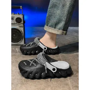 Wave Chunky Sole Lace-tied Clogs, Casual Comfortable Breathable Clogs Flat Slippers, Fashionable Clogs for Indoor & Outdoor Wear, Unique Sandals