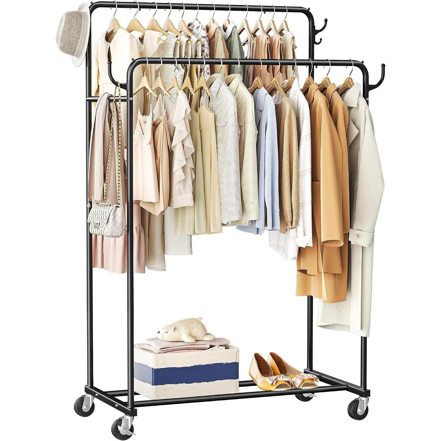 Clothes Rack, Rolling Clothing Rack with Double Rods for  Clothes, Portable Garment Rack with Wheels, Metal Wardrobe Closet Organizer for Bedroom and Laundry Room