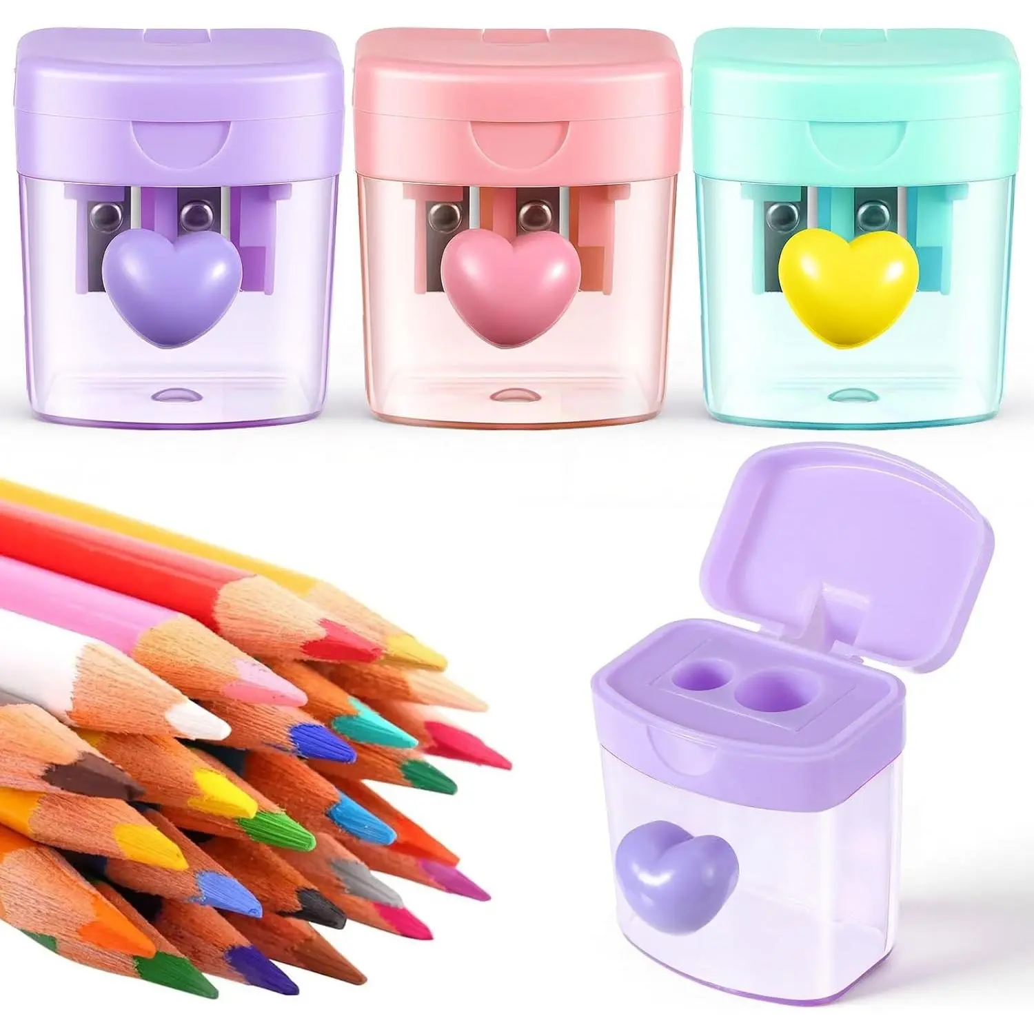 3 PCS Heart Pencil Sharpener, Colorful Dual Holes Pencil Sharpener with Lid Handheld Small Manual Crayon Sharpeners for Home and Office (Green, Purple, Pink)