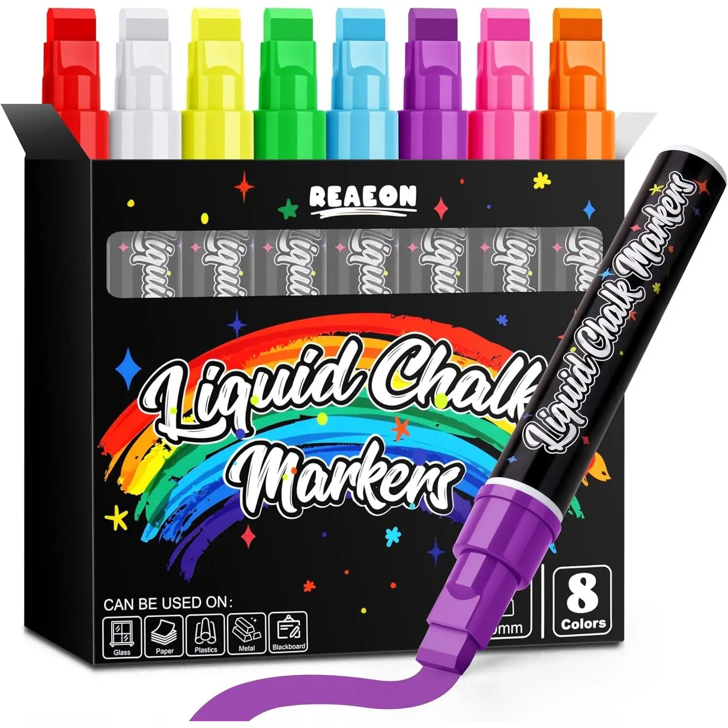 Jumbo Liquid Chalk Markers (8-Pack) with 10mm 3-in-1 Erasable Nibs, Bold Colors, Dust-Free Ink, Washable for Blackboards, Glass, Signs, Chalk Pens