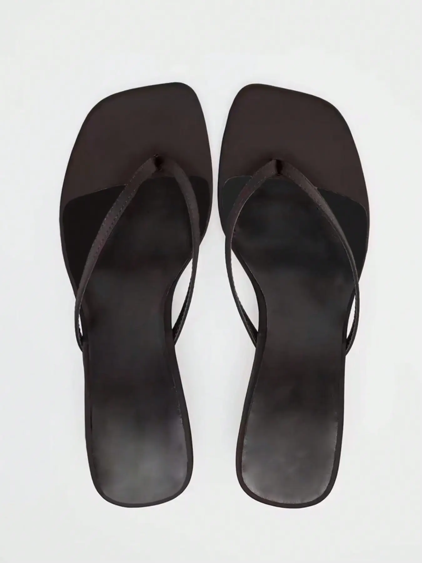 Women's Dark Brown Shiny Leather Thong Heel Slide Sandals, All Season Minimalist Fashion Style, 4 Colors Available, Plus Size, Square Toe Thin Strap, Versatile Outdoor Slip On Flip Flops For Ladies