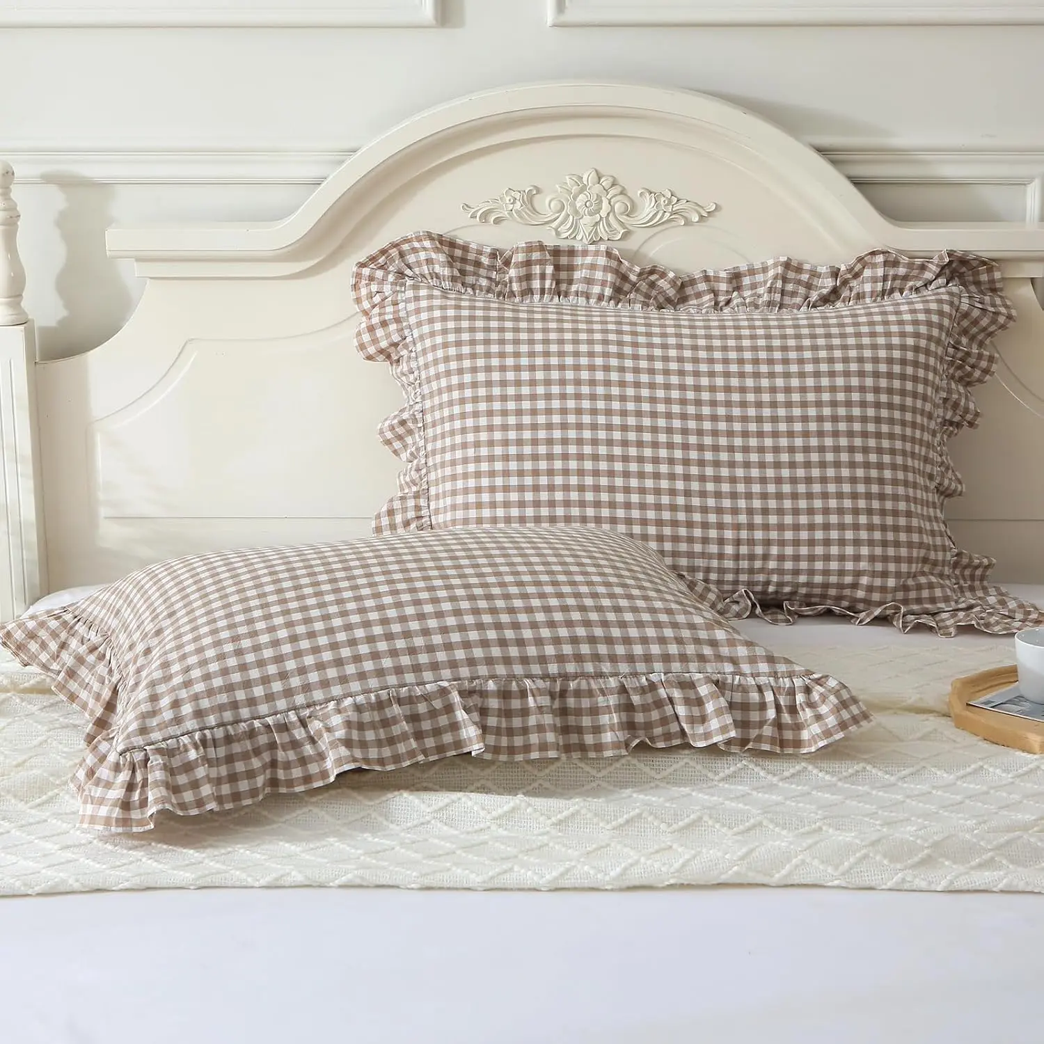 Taupe/White Plaid Ruffle Pillowcases Farmhouse Standard Size Pillow Shams 20"x26", Shabby Checkered Gingham Washed Cotton Pillow Covers Set of 2