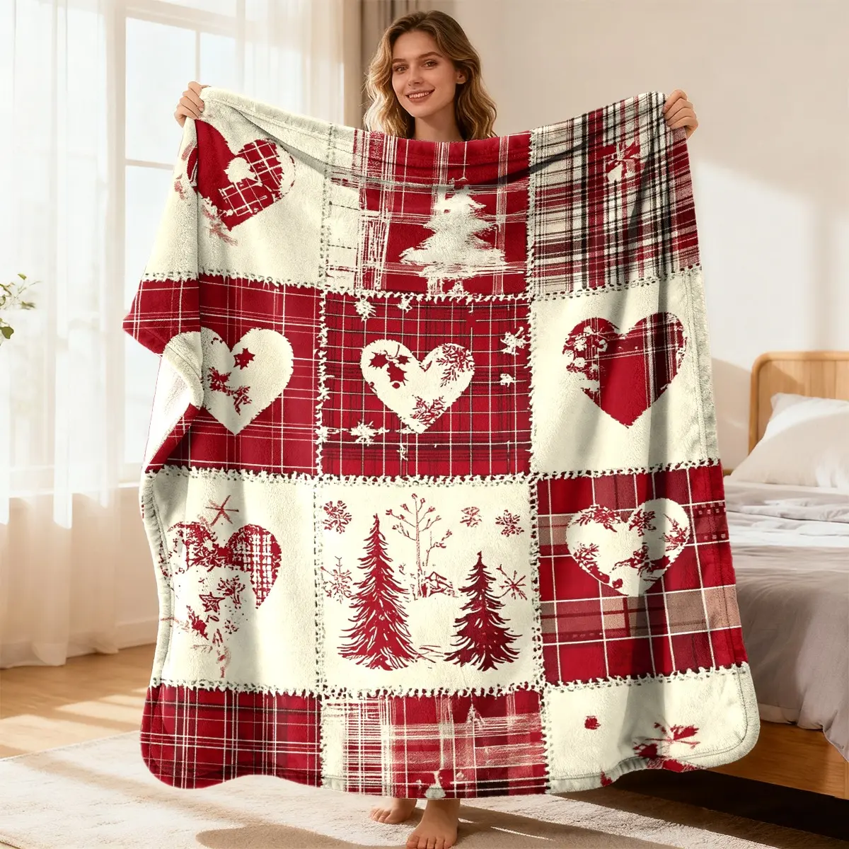 All-Season Plaid Tartan Flannel Blanket Red White Brown Beige Plaid with Heart & Cypress Tree Print Soft Spread for Sofa Car Camping Scottish-Inspired Cozy Throw in Burgundy Tones