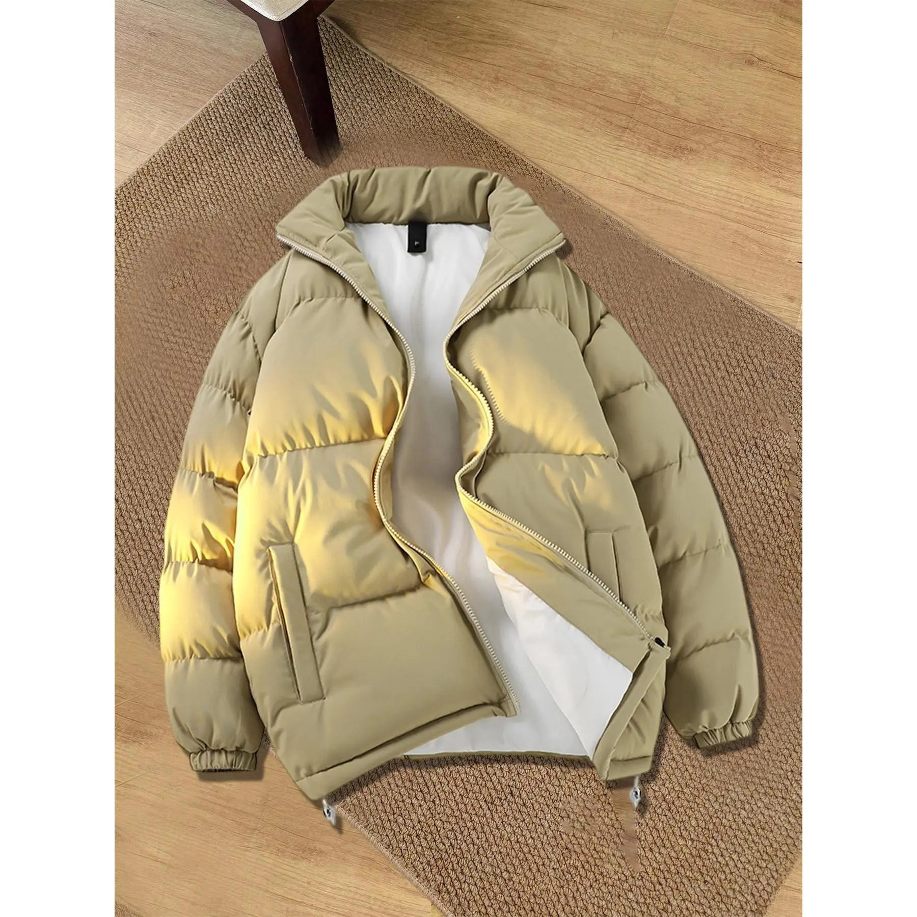 Men’s Stand Collar Quilted Puffer Jacket, Full Zip Front, Elastic Windproof Cuffs, Soft Thermal Lining, Lightweight Insulated Outerwear, Warm Casual Coat for Winter Daily Commute & Outdoor Activities