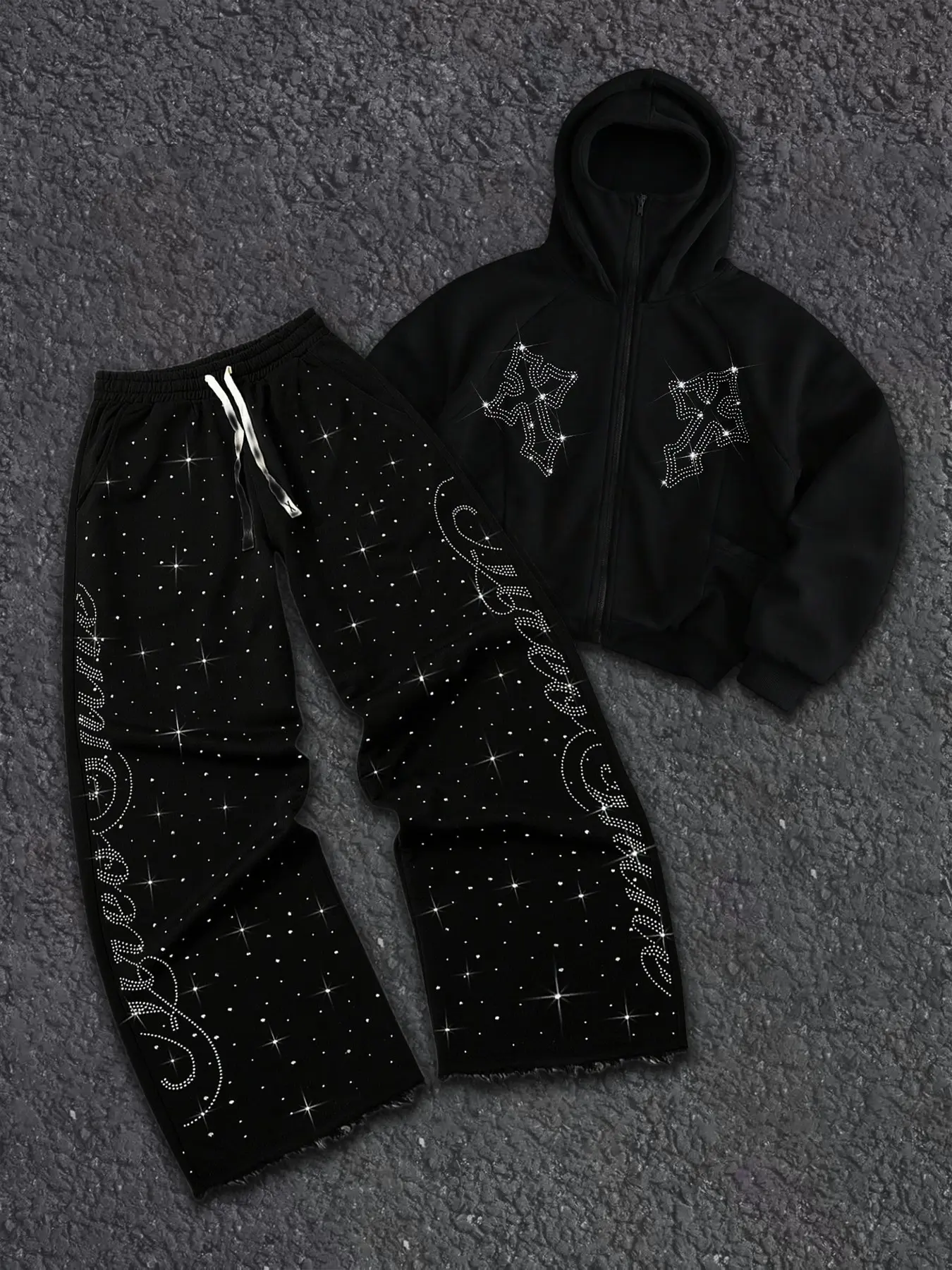 Y2K Style Hooded Jacket & Wide Leg Pants Set, Rhinestone Cross Design, Soft Fleece Material, Night Out Fashion