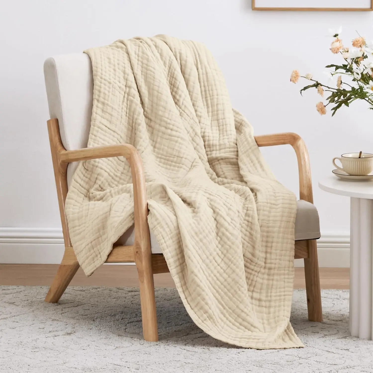 100% Cotton Muslin Blanket, 6 Layer Lightweight Breathable Gauze Throw Blanket 50 x 60 Inches, Soft All Season Blanket for Couch, Bed, Sofa, Beige