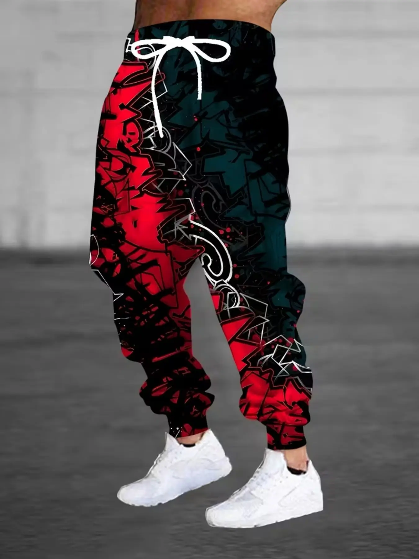 Men's Fashion 3D Graffiti Print Joggers with Drawstring and Pockets, Comfortable Polyester Casual Sports Pants for All Seasons