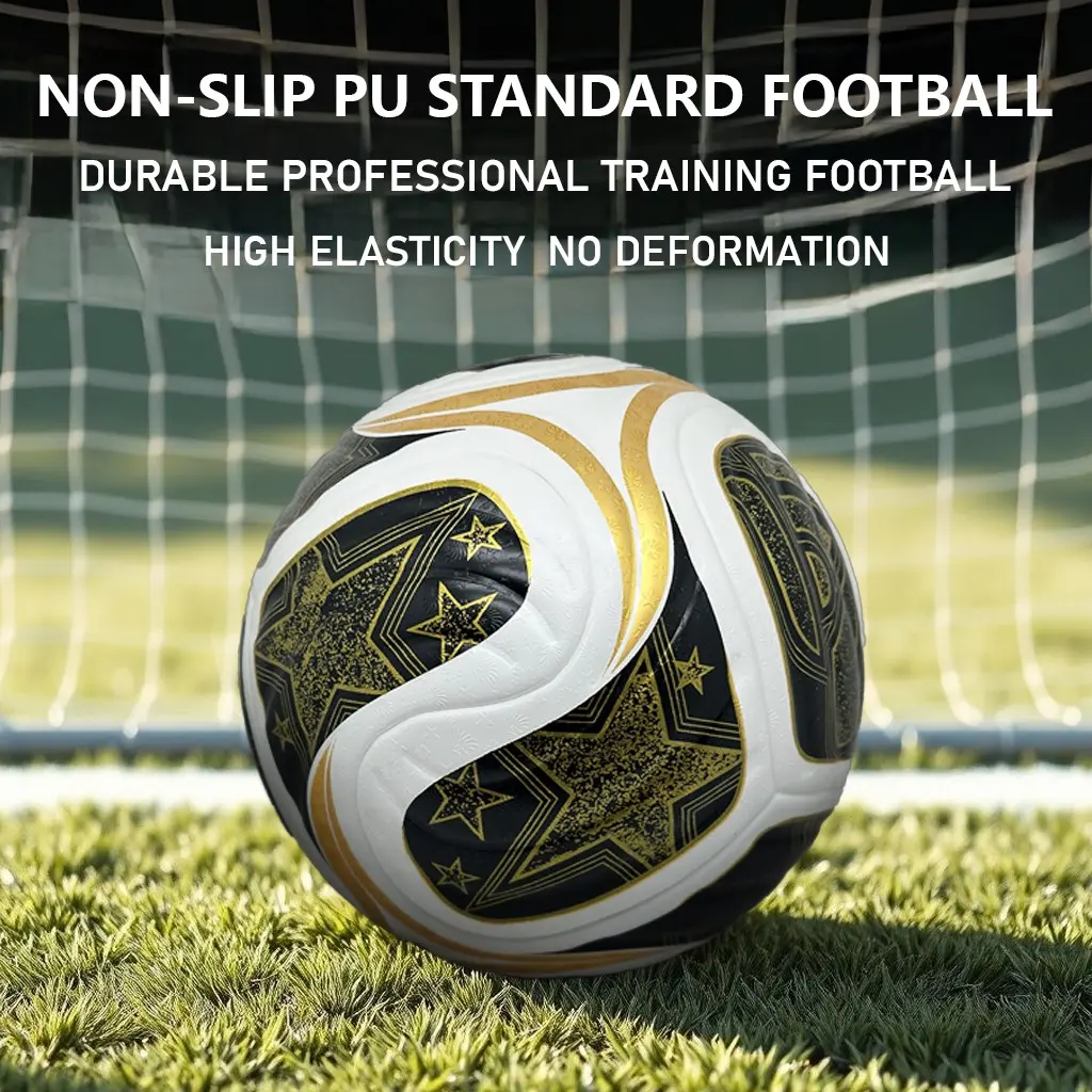 Gilded Five-Star Black White Size 5 Regulation Soccer Ball, Official Match Ball, Thick Wearproof PU Skin High Elastic Anti-Deformation Training Match Football For Adult Outdoor Sports Field