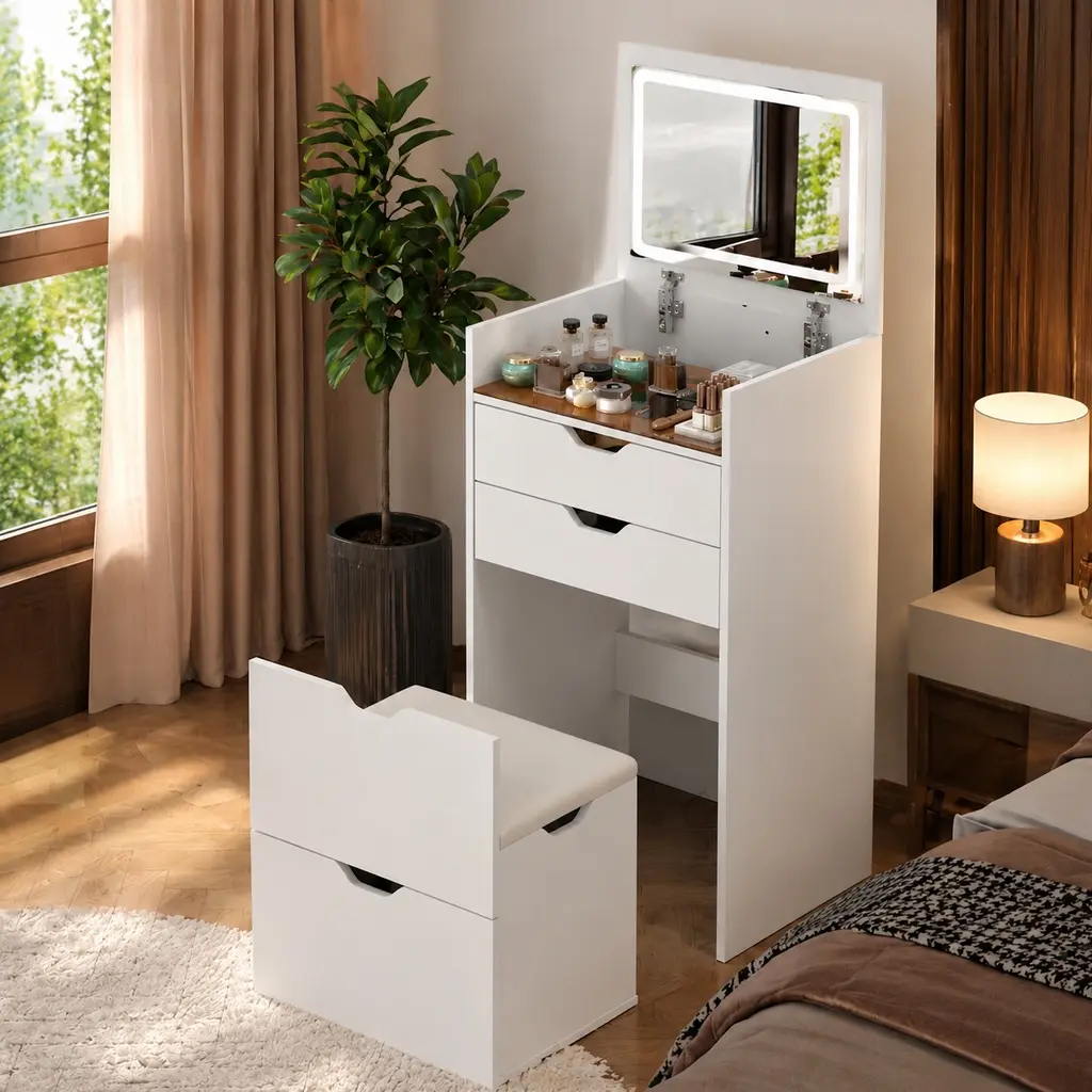 Modern Arch Vanity Desk Set with LED Mirror, 3-Color RGB Lighting, Engineered Wood, 2 Sliding Drawers & Hidden Storage Stool, Easy Assembly Bedroom Furniture