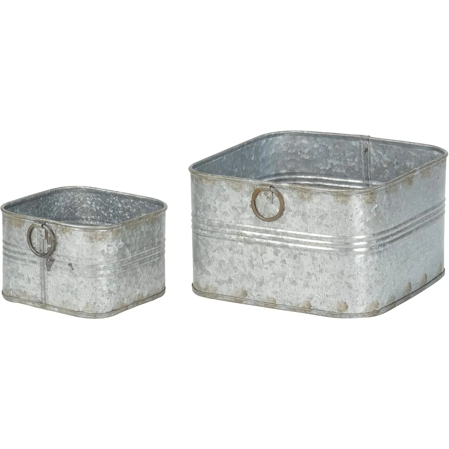 6.5" and 4.5" Square Tub Galvanized Metal Bucket Containers Set of 2, Rusted Gray