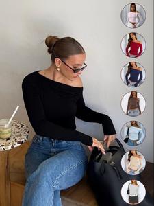 women's plain ruched asymmetrical neck crop tee, elegant top, fashion long sleeve t-shirt for daily outdoor wear, women clothing for fall & winter