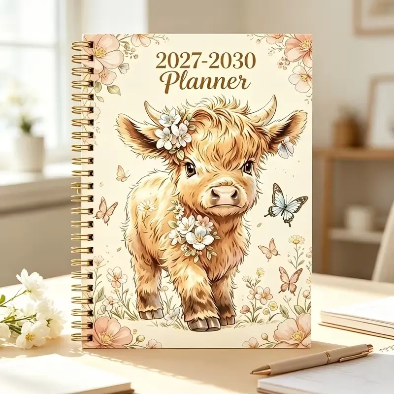 2027-2030 Monthly Planner, A5 Size, 124 Pages, Cute Highland Cow & Wildflower Butterfly Cover, Spiral Bound Notebook for Daily Planning