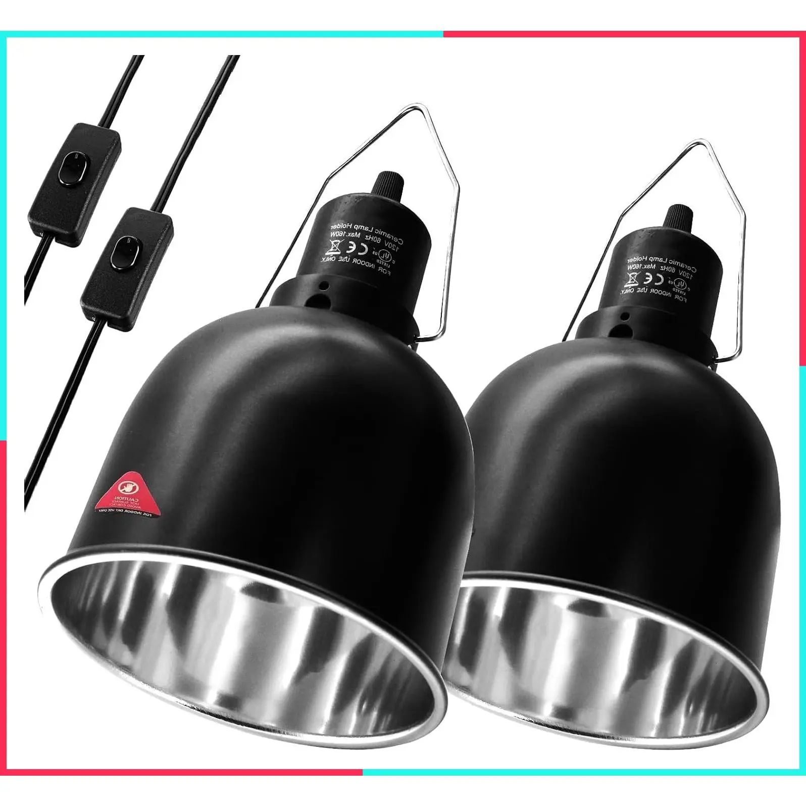 Reptile Light Fixture 2 Packs, 5.5 Inch Deep Dome Lamp for UVB and Basking Heat Bulb with Separate Switches, Fits Reptile Glass Terrariums
