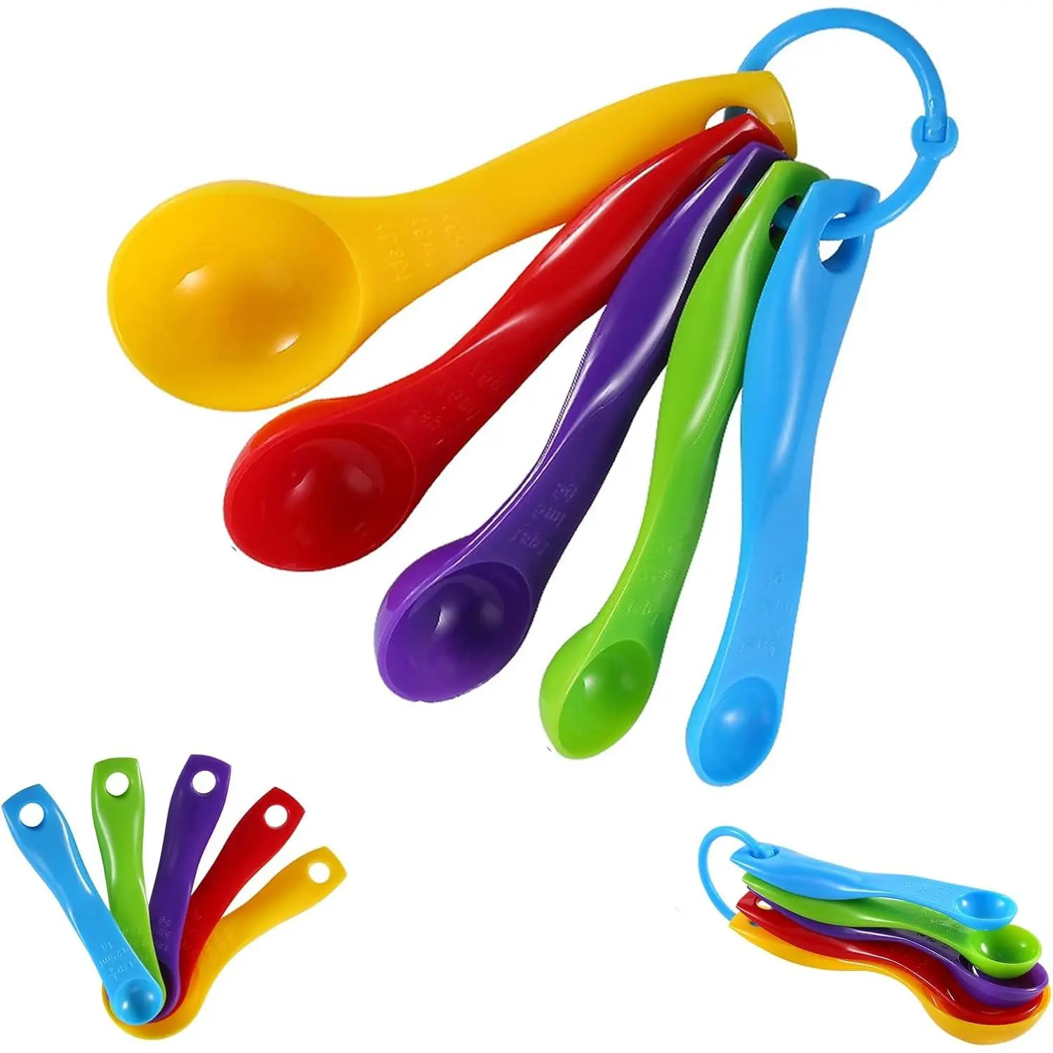 Set of 5 Measuring Spoons, Plastic Measuring Spoons Set for Measuring Both Wet and Dry Indgredients, Includes Detachable Ring for Optimal Storage and Organization, Dishwasher Safe,  Colors