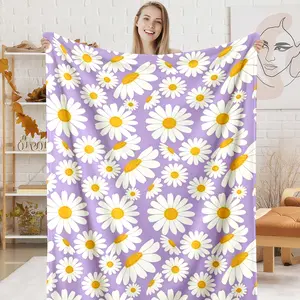 Purple Daisy Print Lightweight Air Conditioning Blanket, Cute Floral Flannel Throw, Cozy For Sofa Bed, Birthday Gift For Women, Boho Spring Decor