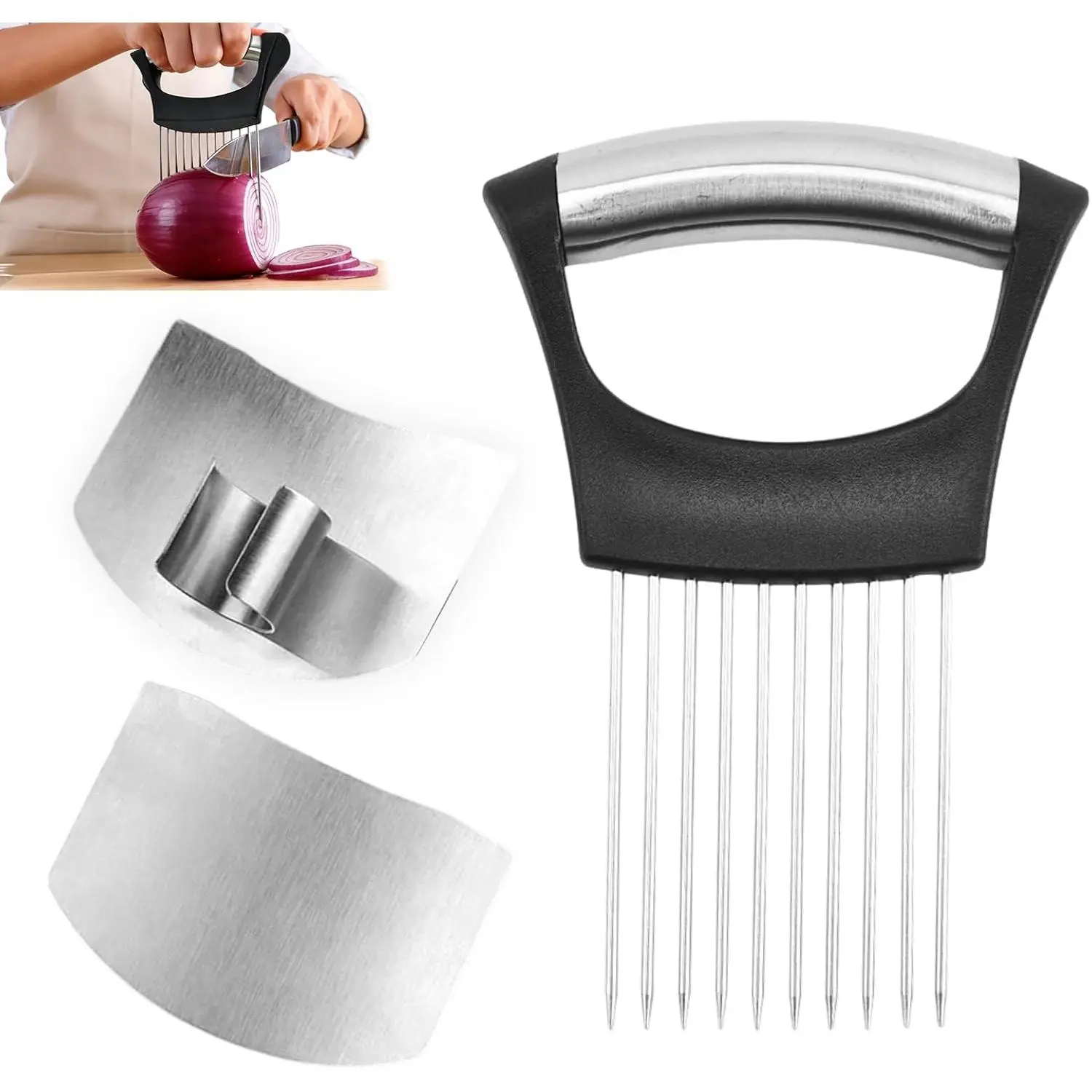 2 Packs Finger Protector For  ,1pcs Onion Holder,304 Stainless Steel Finger Guards For  ,Finger Guard For Slicing,Avoid Hurting When Slicing,Dicing,Chopping And Fruits
