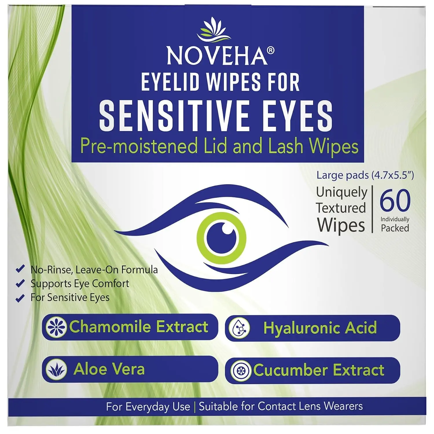 Gentle Daily Eyelid Cleanser Makeup Remover Wipes - For Delicate Lashes & Eyelids - With Hyaluronic Acid, Chamomile, Aloe Vera - Individually Wrapped Pre-moistened Pads (60 Count) Gift