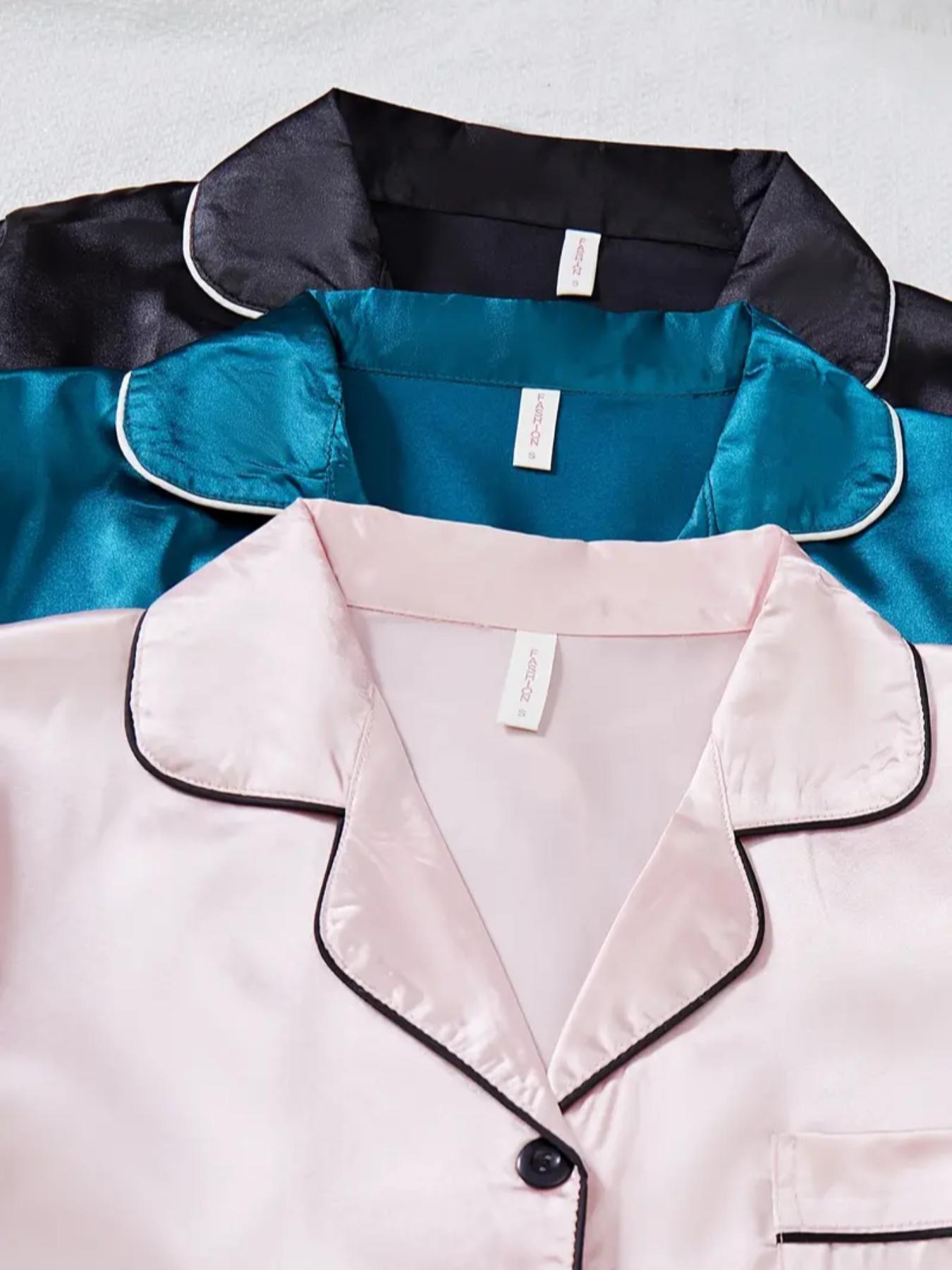 Women's Contrast Binding Button Front Satin Pyjama Dress, Soft Basic Casual Cute Elegant Comfy Short Sleeve Lapel Neck Pocket Nightdress, Ladies Sleepwear for All Seasons, Pajamas, Womenswear, Pajama Set, Garment, Loungewear