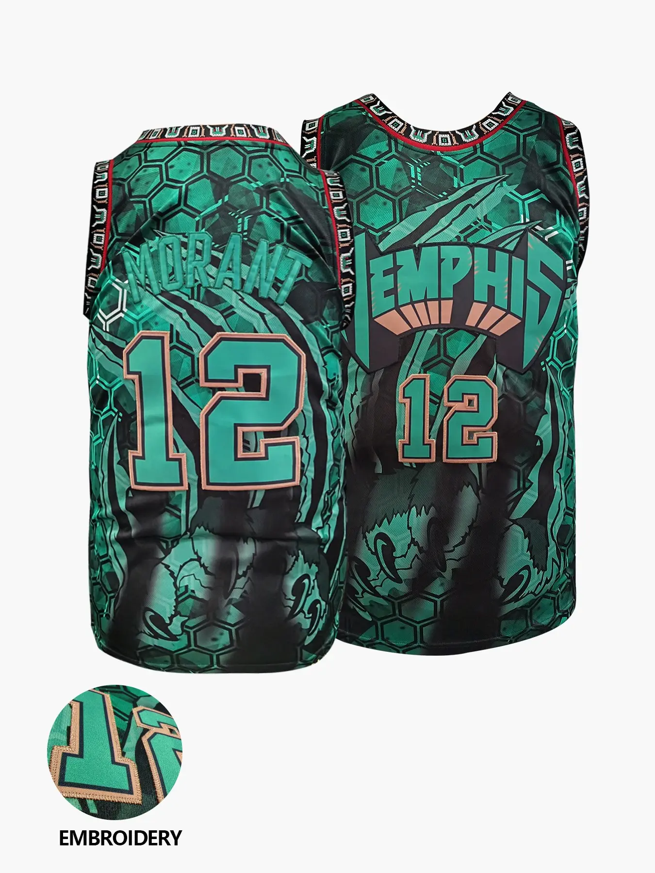 Men Women Memphis Basketball Jersey Number 12 Embroidered Sleeveless Tank Top Claw Print Vintage Casual Sports Shirt Unisex Embroidery Sportswear