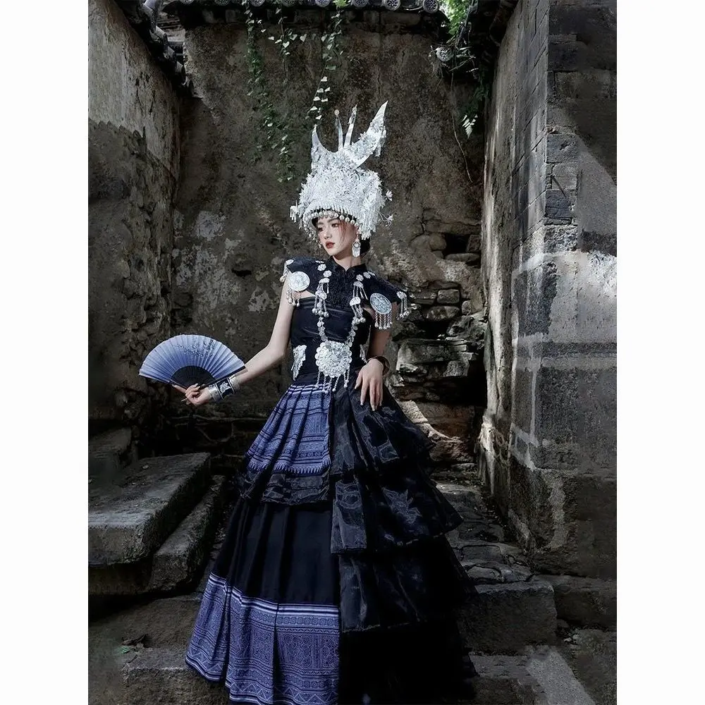 Hmong Miao Women's Black Photo Shoot Dress - Ethnic Stage & Portrait Style