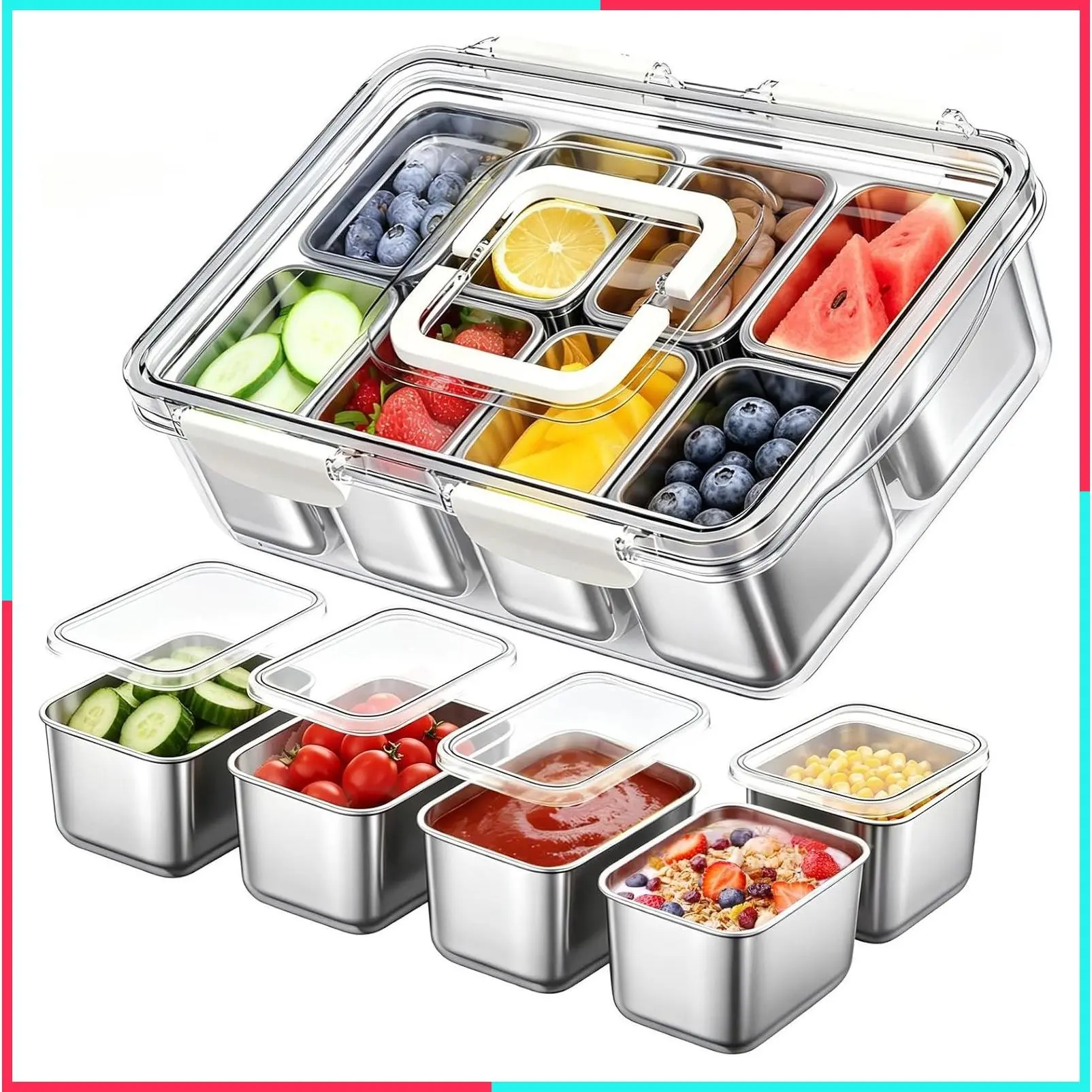 Stainless Steel Snackle Box Container, Dishwasher Safe Snack Box with 8 Removable Compartments, 142oz Large Capacity Divided Serving Tray with Lid and Locking Clips for Fruit Snacks Nut Picnic Travel
