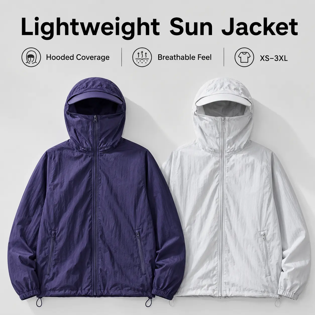 Men's Lightweight Nylon Polyamid Sun Protection Windbreaker - Regular Length, Zipper Front, Breathable Hooded Coat with Face Cover Hood for Outdoor Travel Activewear
