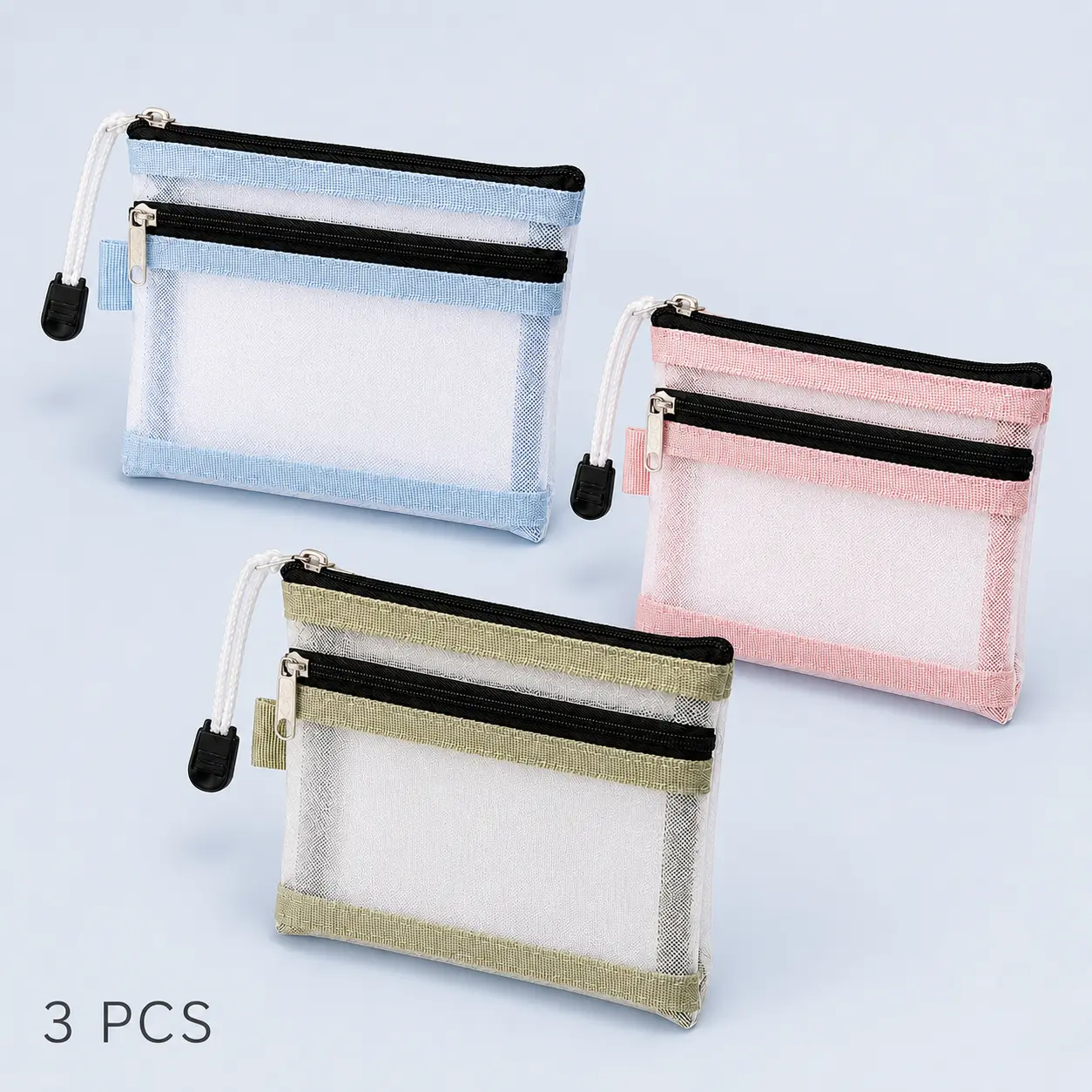 Set of 3 Clear Mesh Zipper Pouches| Travel Essentials Organizer for Passport, ID, Cards, Cash & Small Items