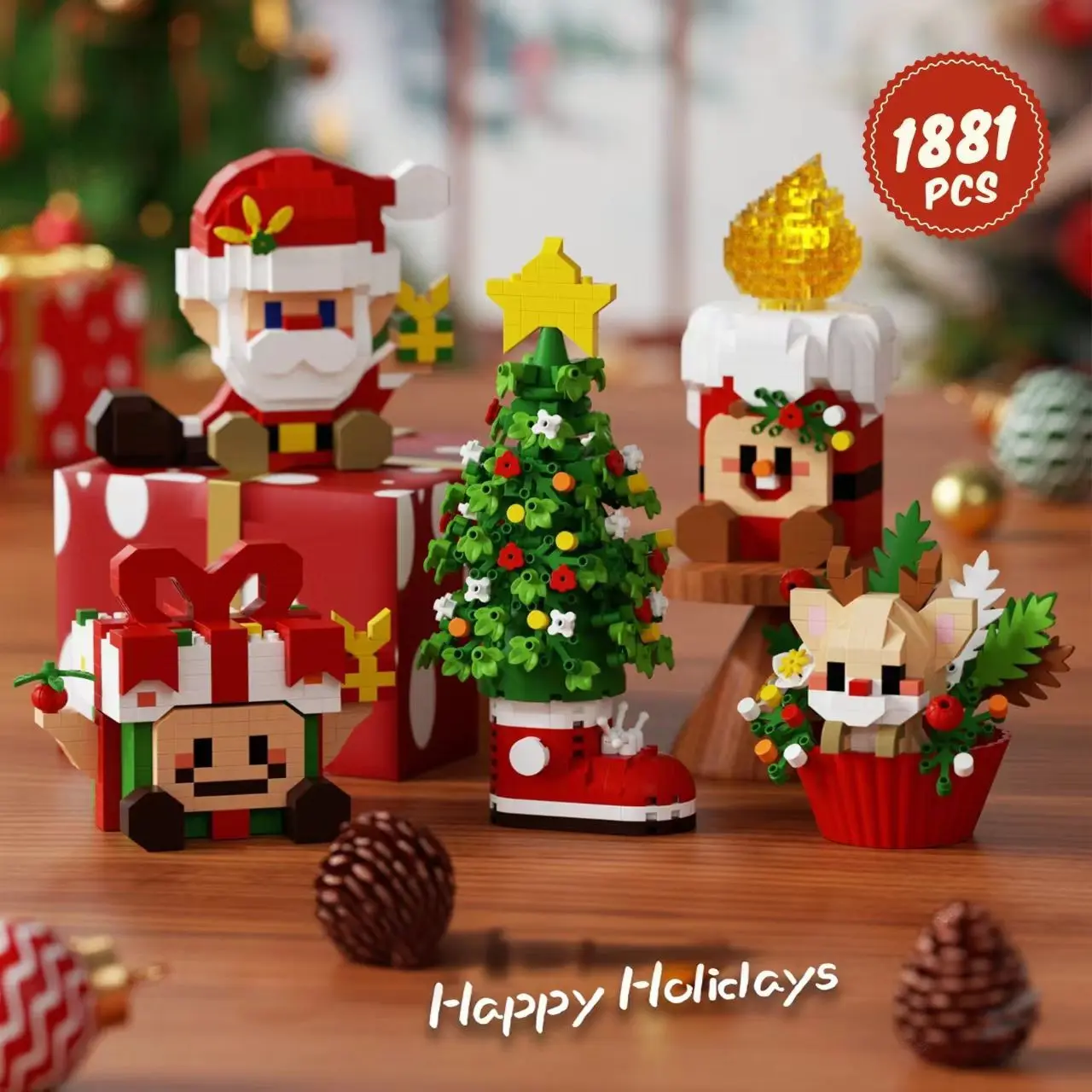 Cute Santa Tree Reindeer Mini Building Kit, Decorative Holiday Desktop Decor, 1881pcs Christmas Stacking Mini Blocks, DIY Gift for Kids and Adults